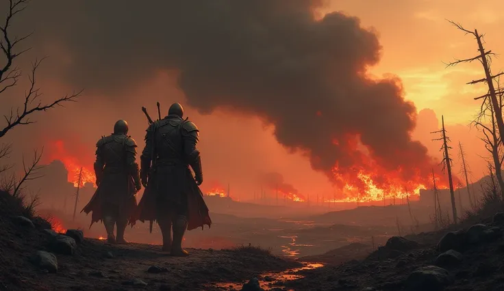 Under a sky filled with black smoke and eternal flames, two knights walked over a land devastated by war.