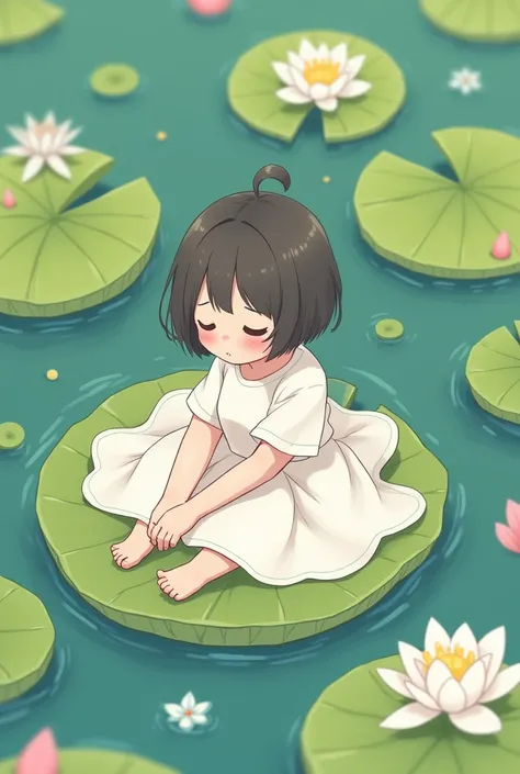 There is a girl sitting on a leaf, (white clothes), fresh color scheme, there is a plush toy, Guvez style artwork, popular on cgstation, illustrated by Li Song, soft anime, lying on a water lily mat, sitting on a lotus flower, cute and meticulous digital a...