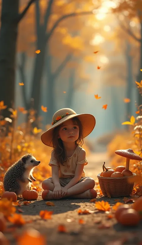 The image shows a girl sitting on a forest trail, wearing a large hat decorated with flowers. She is focused on a group of mushrooms around her, with a small hedgehog by her side.

The scene is enveloped in a magical, autumnal atmosphere, with trees in the...