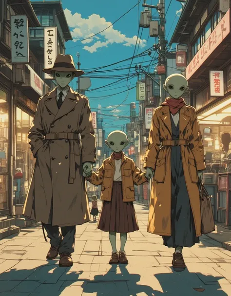 Three gray aliens, parent and . An adult alien wearing a trench coat and hat, a  alien wearing rens clothes, and an alien dressed as a housewife with a scarf. The three gray aliens are walking side by side, holding hands, with the  alien in the middle. On ...