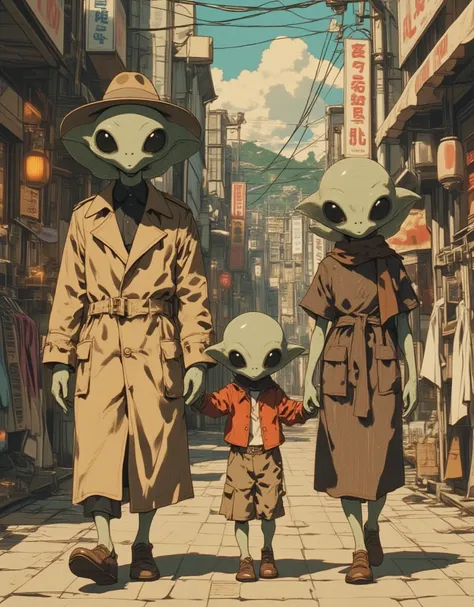 Three gray aliens, parent and . An adult alien wearing a trench coat and hat, a  alien wearing rens clothes, and an alien dressed as a housewife with a scarf. The three gray aliens are walking side by side, holding hands, with the  alien in the middle. On ...