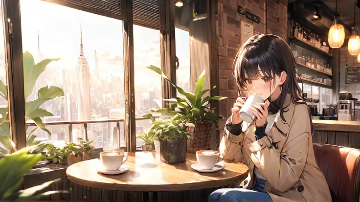 Cozy cafe scene。 a person sitting at a small round table 、I&#39;m next to the window。 The person wears a beige trench coat and blue jeans 、 has a white coffee cup close to his face 。 table、 } There is a white coffee cup placed on another saucer and a coffe...