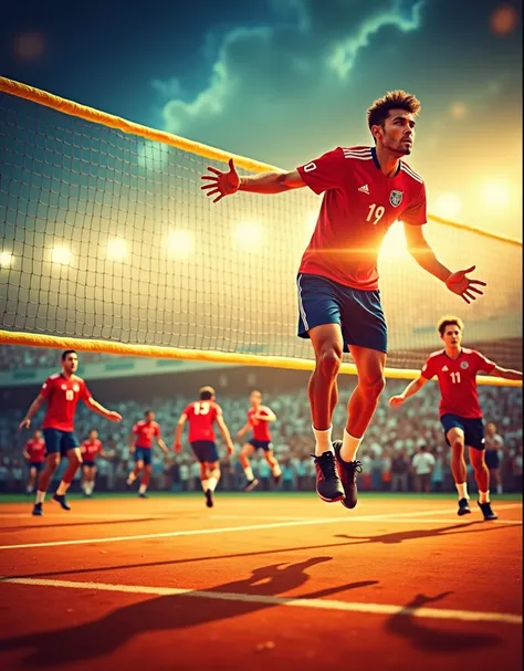 high quality,8k,photorealistic,extremely detailed, dynamic volleyball game, team spirit, solidarity, athletes in action, diverse players, competitive match, intense expression, sweat,sports arena, cheering crowd, bright lights,vivid colors,cinematic compos...