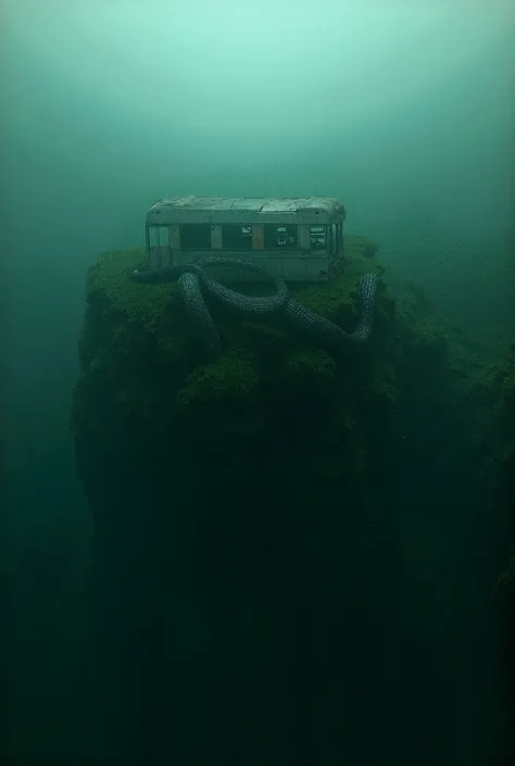 Make me a picture of an old rusty bus wrapped around a large python with a cliff edge in the background with a comparison of a scary and mossy place [9:16]