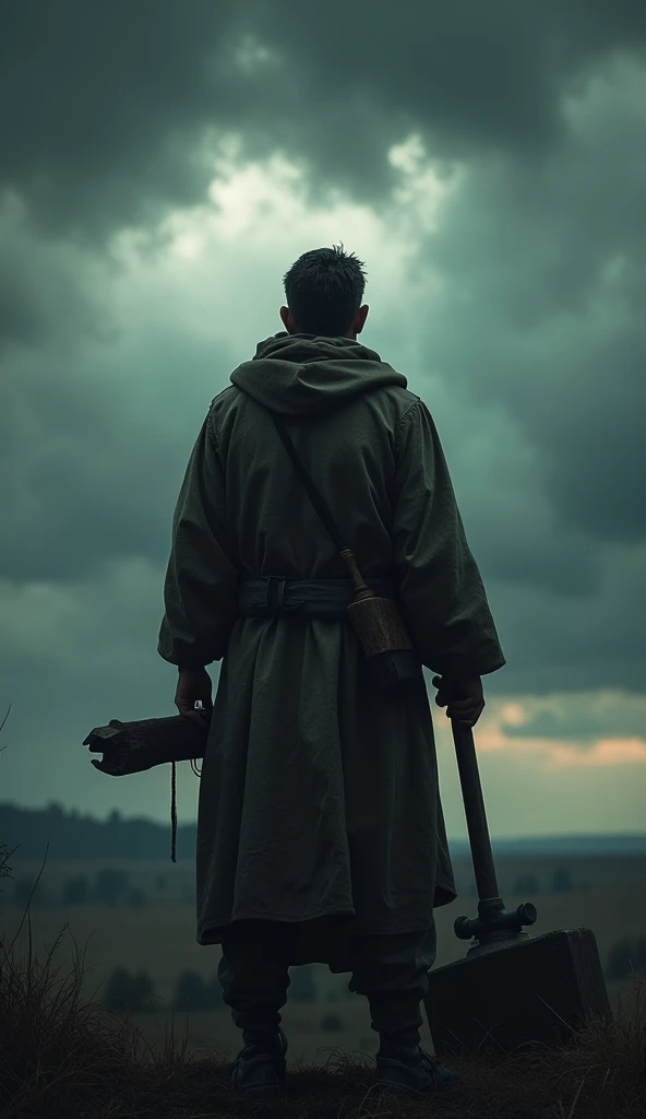  A dark, cloudy sky with a mysterious atmosphere,  a figure of Noah with his back looking at the horizon , holding carpentry tools .