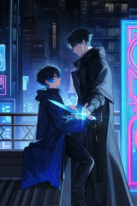  a young Chinese male ，Very handsome， with crystal blue eyes ，Black short hair，Its a grim reaper ， with a long light blue knife in his hand ， has a dark blue diamond-shaped jewel in the middle of the handle ， sit on the roof of a neon city at night，, and b...