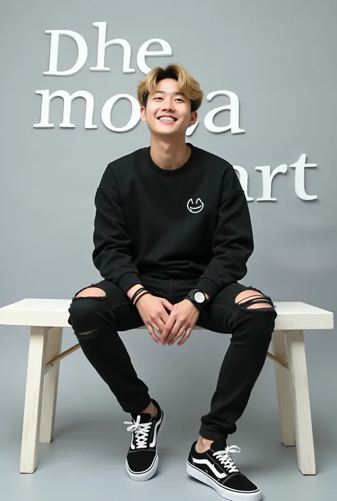 From below angle Near the floor ,  a smiling young korean man sitting on a white single wooden bench on a light grey background with writing "Dhe mozza art  "  in stylish font style on the wall .  He is wearing a black sweatshirt with a small logo depictin...