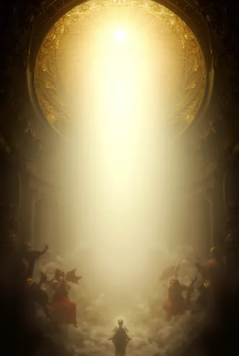 An ethereal and dramatic depiction of an ascension scene. A celestial dome opens up to reveal heavenly light streaming down, surrounded by detailed golden carvings. Numerous figures, some with detailed flowing garments, rise amidst clouds of mist and light...