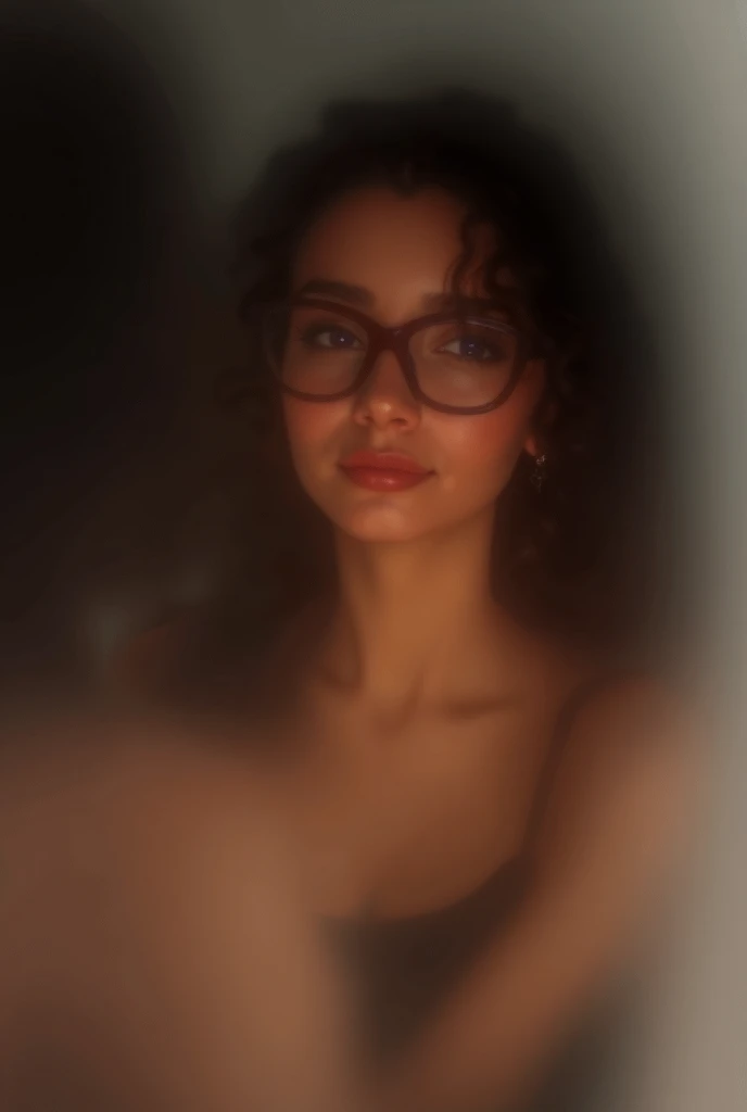 A clear picture of a very young Caucasian woman with long dark curly hair, wearing black-framed glasses and a black tank top, taking a selfie in a mirror