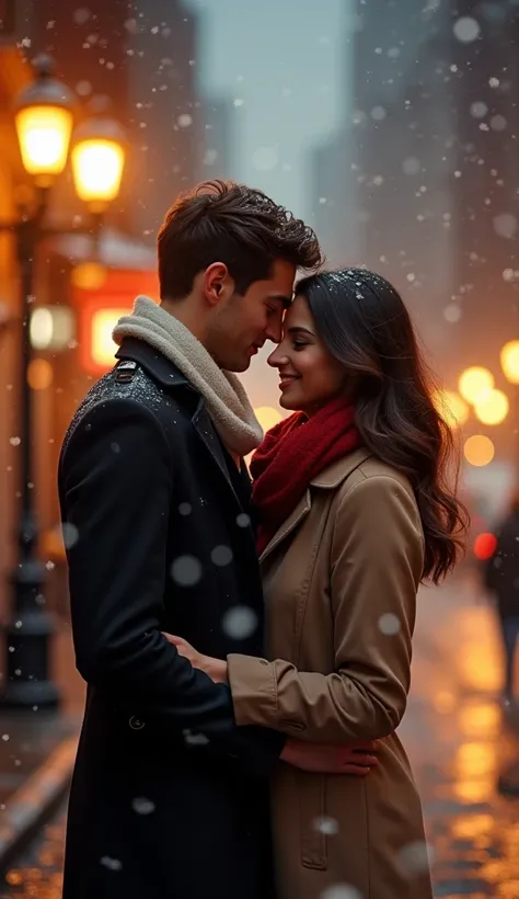 Romantic scene of a young couple on a New York street corner in winter, the handsome young man is wearing a black trench coat and a white scarf, he is wrapping his beautiful girlfriend in a hug from behind, his girlfriend is wearing a cozy red scarf and a ...