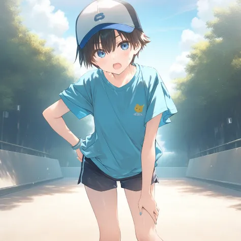 1girl, loli, tomboy, sweat, shorts,beautiful detailed eyes,open mouth,baseball_cap, outdoors, wind,  game CG, Draw an erotic cartoon in which a father and daughter engage in sexual acts.break,(artist:mitsumi_misato),artist:fujiyama,artist:kokonoka, break,(...