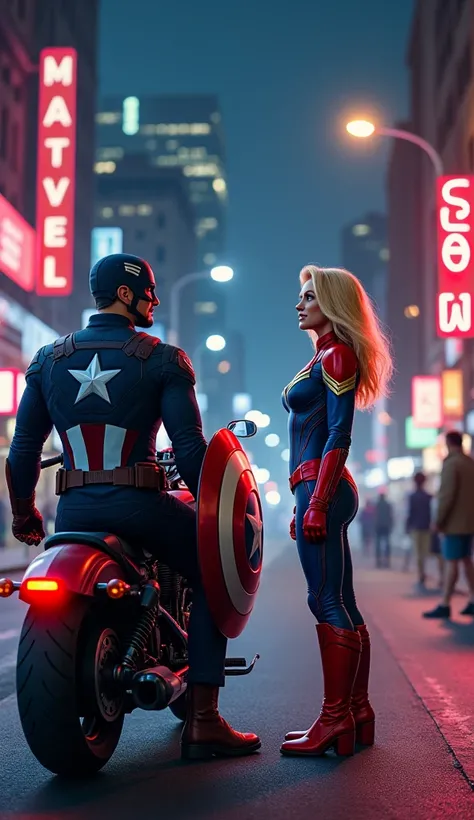 2. Captain America and Captain Marvel Talking:
"Create a nighttime city scene where Captain America parks his motorcycle beside Captain Marvel on a quiet street lit by neon signs and streetlights. Captain America, in his classic suit, sits on the bike hold...