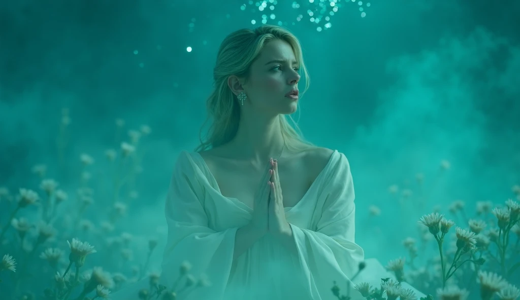 A blonde girl 35yo with white dress, wearing cross earrings,feeling sad while praying and wrapping around her hands in a prayer position, hands raised in worship, tears glistening on her cheeks sitting in the middle of a dramatic colorful aqua, and white f...