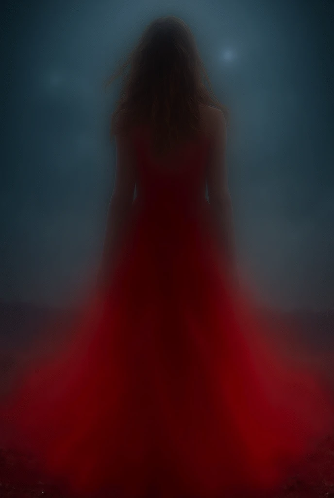 Make a woman, she has a red dress, flowing down her back, her brown hair, her face is not visible, it is night time