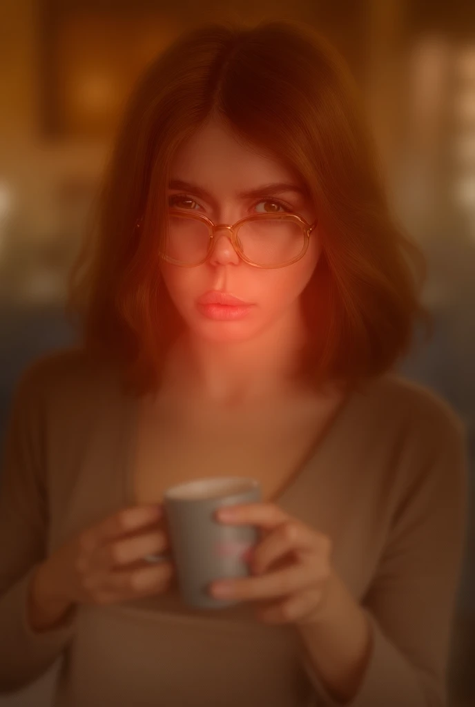 Woman wearing glasses with transparent frame and brown hair, drinking coffee