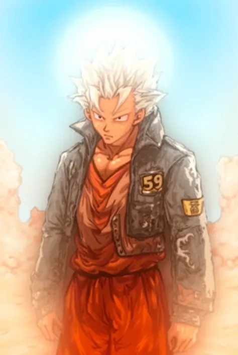 Goku with spiky white hair, intense eyes, and a serious expression. The character wears a rugged, stylish jacket with black and white accents, featuring the number 59 boldly displayed on the sleeve. Beneath the jacket, an orange gi adds a classic martial a...