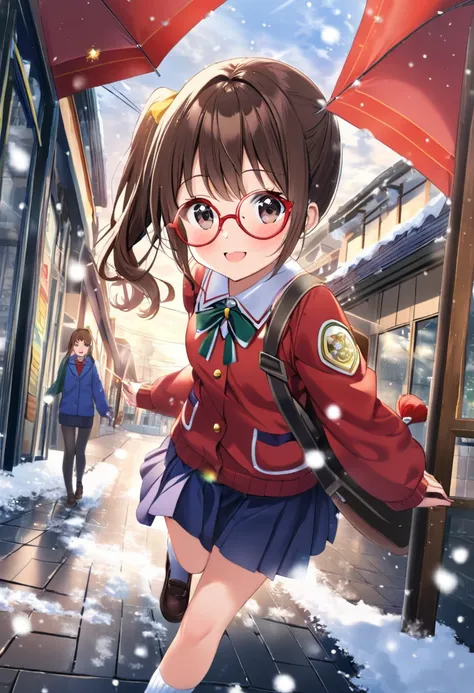 1girl, , Elementary school girl, brown hair, big eyes, black eyes, ((red round eyewear)), side ponytail, smile, blushful, cute, kawaii, short stature,　glitter particles floating around, 
A Elementary school student runs through the street in front of the s...