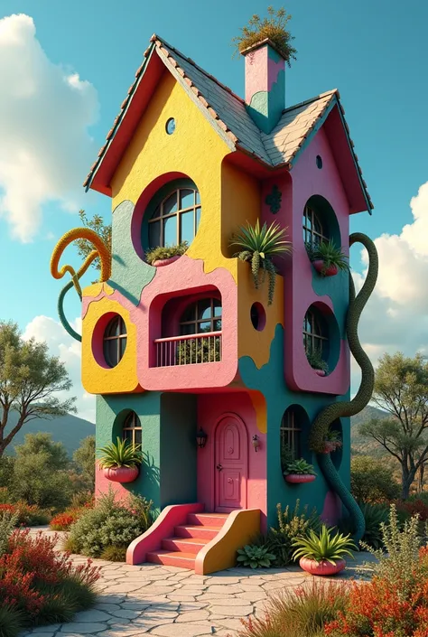 a multicolored building, cardboard patchwork, in the middle of the countryside, trendy on artstatioin, tentacles of vegetation, australia, renderhub next2020, fanciful!!!, inspired by Camilo Mori, camouflage scheme, huge destroyed mansion, miami, rendering...