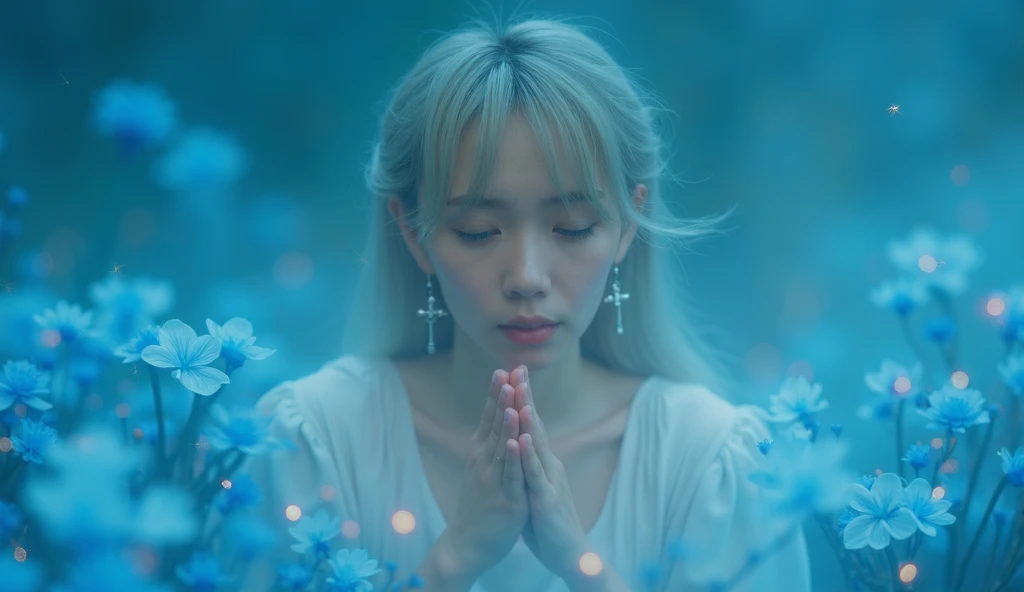 A blonde girl 35yo with white dress, wearing cross earrings,feeling sad while praying and wrapping around her hands in a prayer position, hands raised in worship, tears glistening on her cheeks sitting in the middle of a dramatic colorful blue, and white f...