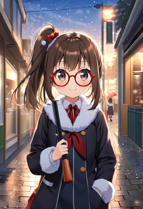 1girl, , Elementary school girl, brown hair, big eyes, black eyes, ((red round eyewear)), side ponytail, smile, blushful, cute, kawaii, short stature,　glitter particles floating around, 
A Elementary school student runs through the street in front of the s...