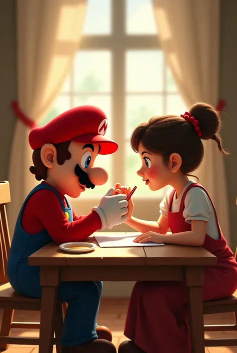 Mario and his mother sitting on a table.
She is holding his hand and teaching him how to write