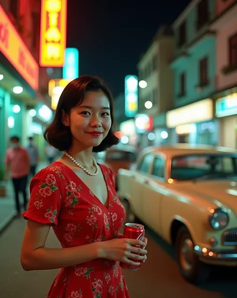 A young Asian Khmer girl, likely in their late teens or early twenties, stands on a city street at night. The woman, positioned slightly left of center, has shoulder-length dark hair styled in a 1950s-inspired updo. She is wearing a vibrant red, floral-pat...