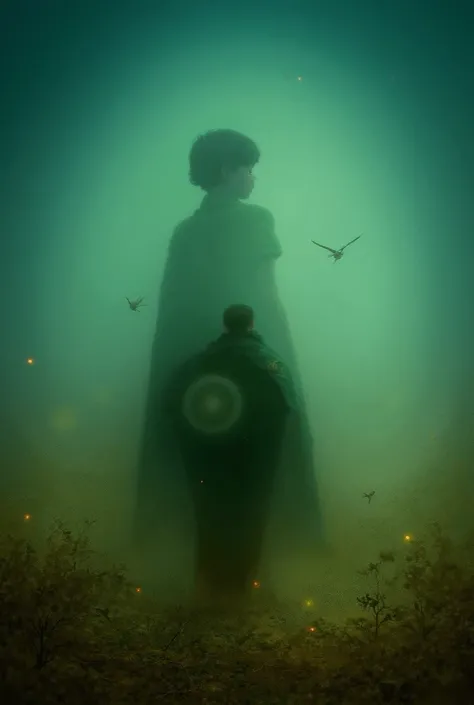 create an image of a light-black-skinned boy , holding a shield and a moss-green cape over the coast and around it several sparrows flying ,  he is in a deserted valley with small shrubs and fireflies and far away a large luminous portal