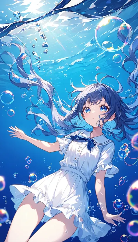 Bright lines and bright colors、Bubbles are spreading everywhere 、A work that mainly uses bubbles、Beautiful expression of bubbles、Girl in the water、 cute、 the contrast between deep blue and bright blue in the deep sea