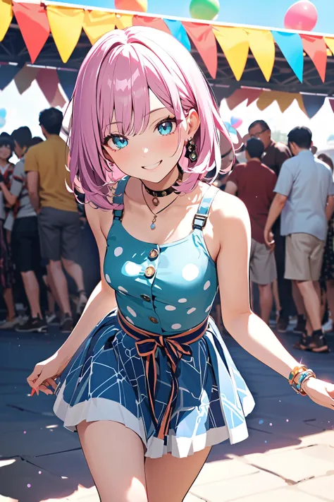 1 girl, (cute face), young idol girl, (medium-length hair), (confident smile), (small breasts), slim, (wearing a trendy street-style outfit), knee-length, (bold patterns),  
BREAK  
Outdoor festival stage, lively crowd, (interacting with fans:1.2), (posing...