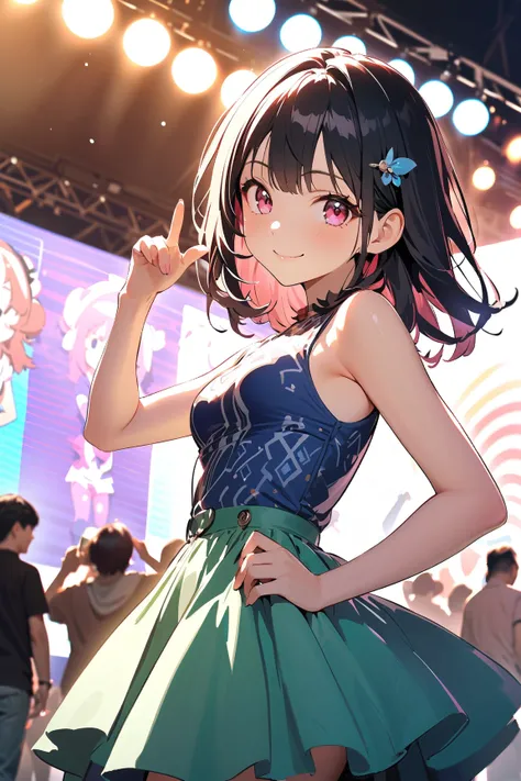 1 girl, (cute face), young idol girl, (medium-length hair), (confident smile), (small breasts), slim, (wearing a trendy street-style outfit), knee-length, (bold patterns),  
BREAK  
Outdoor festival stage, lively crowd, (interacting with fans:1.2), (posing...