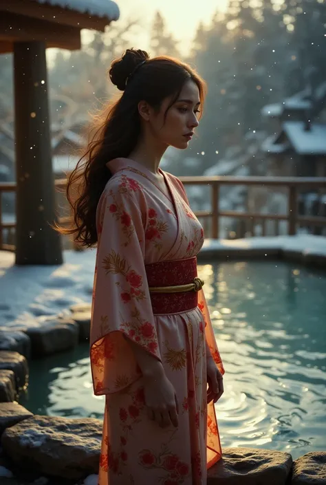 An award-winning 70s-style analog photograph of a beautiful Japanese woman standing gracefully near the edge of a steaming onsen during a tranquil Japanese winter. She wears an elegant yukata with intricate patterns of cherry blossoms, cranes, and waves in...