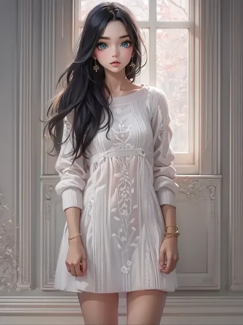 Hyper-realistic,photorealistic,a beautiful young girl, 15歳、detailed face, 唇は厚い、つやつやした唇、long black hair, オフショルダーwhite sweater dress,  amazing high definition painting