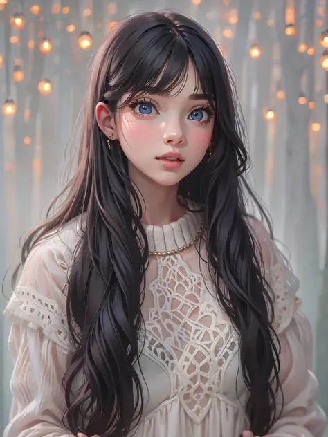 Hyper-realistic,photorealistic,a beautiful young girl, 15歳、detailed face, 唇は厚い、つやつやした唇、long black hair, オフショルダーwhite sweater dress,  amazing high definition painting