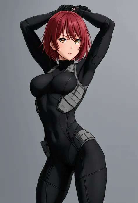 reginaDC, regina, dino crisis, 1girl, female, athletic woman, showing armpits, raised arms, arms up, arms behind head, posing, solo, masterpiece, shaved armpits, perfect proportions, black bodysuit, gray fabric layer under bodysuit, young, bare shoulders, ...