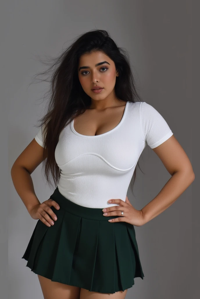 Create an extremely realistic image of ketika in a sexy pose with her hands on her waist and a lascivious look, with a very tight school uniform and large, firm breasts showing their cleavage, sexy smile
