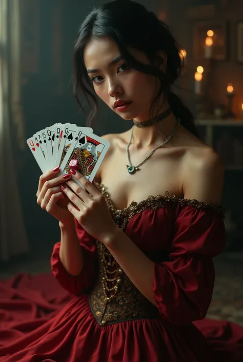 Beautiful lady with cards and dice