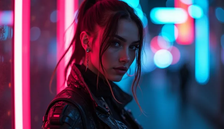  A photo shoot of a woman wearing cyberpunk outfits, RGB neon light ,  blurry background