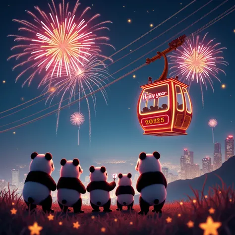 Happy new year blessing, colorful firework on dark blue sky, night time, 5 baby black and white panda, facing at front, the sparkling classic cable car of hong kong ocean park on the right, “2025” word in red yellow in “bailey” font style in very large siz...