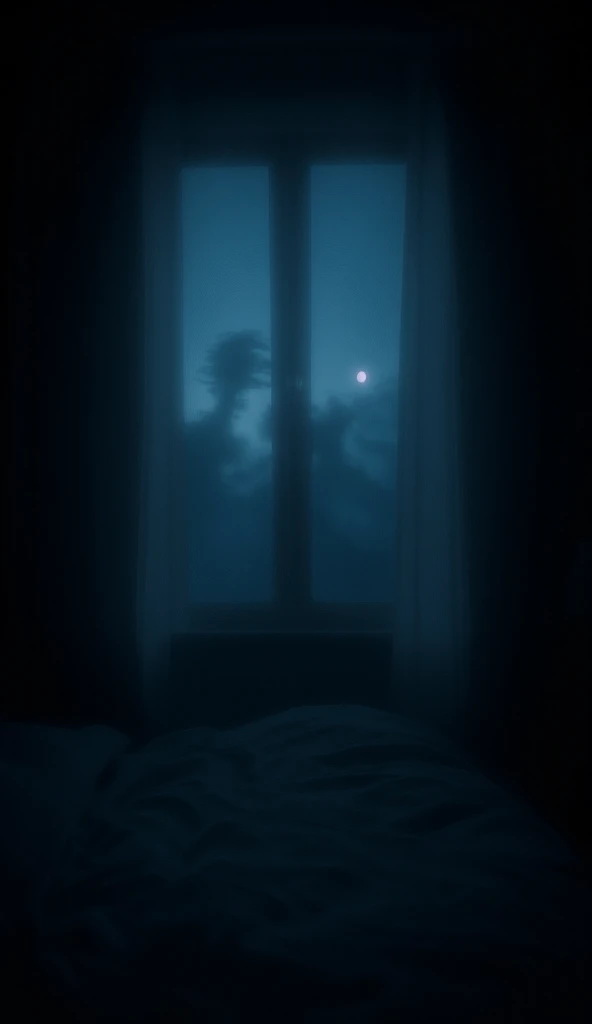 A dimly lit bedroom at night with a slightly open window. Outside, faint moonlight filters through, and ominous dark shapes loom just beyond the glass. Curtains flutter as if moved by an unseen force, creating a suspenseful atmosphere.