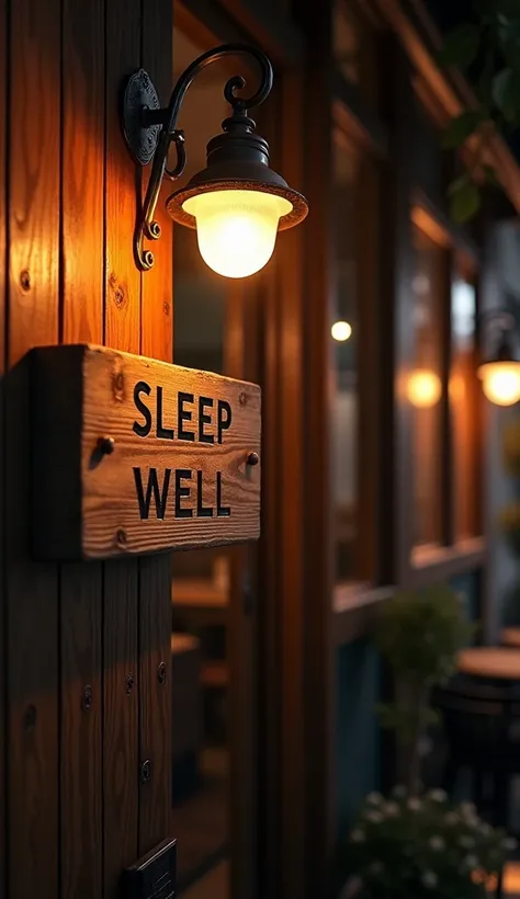 wooden sign hanging at the entrance with the name “SLEEP WELL”. The door is ajar, and a warm light emanates from within. When you enter, The environment is welcoming and ((can see all the cafe)), with the smell of simple food and beverage in ultra hd,great...