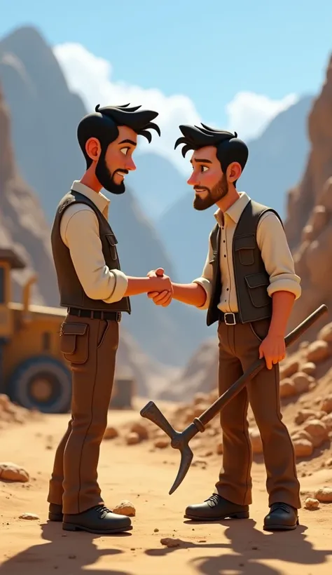 Create a Disney Pixar style wide shot of John, a confident man with slicked-back black hair, wearing a clean white shirt with a vest and sturdy work pants, holding a shovel in a mining site with Gunther handing over his pickaxe. The subject is placed to th...