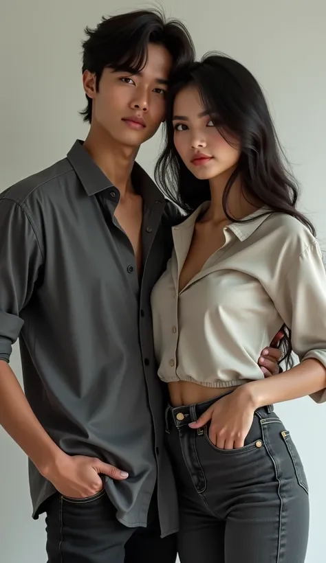 an Indonesian man middle parted black hair and an Indonesian beautifull  woman standing next to each other, an image, inspired by Adam Dario Keel, which is trending in the cg community, a handsome young Indonesian man with a beautiful young Indonesian woma...