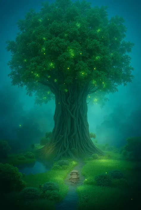 There is a huge ancient tree in the middle of the picture、The leaves emit a golden glow（Glowing balls），thatched hut、springtime、jungles、lakes、waterfallr、grassy fields、Rochas、hot onsen、hydrosphere、surrounded by cloud，（illustratio：1.0）、Epic composition、Realis...