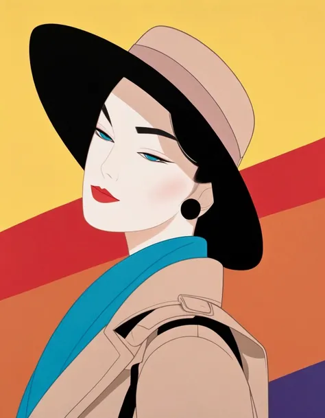 A female model doing the JoJo pose, Female model wearing trench coat, actress hat and scarf, Cool face, Jojo pose, made by Ichiro Tsuruta, Inspired by Ichiro Tsuruta, high contrast graphic design art, debonair, Stylish Background, cool random colors, moder...