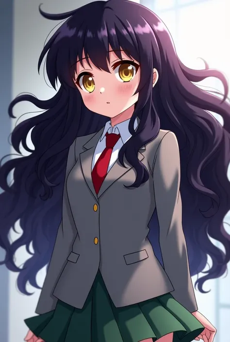 My hero academia anime girl with long big dark purple curly long hair and bright round yellow eyes with pretty eyelashes and thin eyashes shes wearing a my hero academia uniform that has a grey jacket with a white collared shirt underneath with a red tie a...