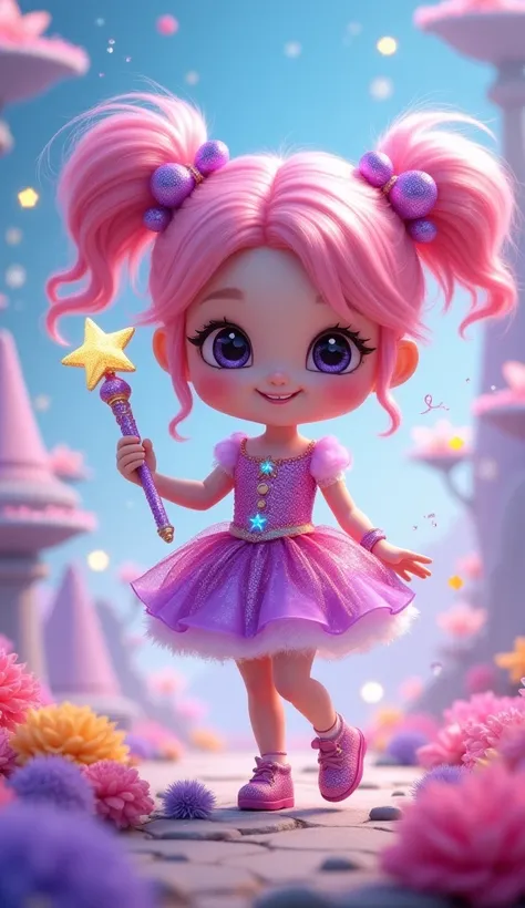 Kawaii magical girl with pastel pink hair in twin tails, dressed in a sparkling purple and pink magical outfit, holding a star-tipped wand, in a whimsical world with floating islands and colorful, glowing flora. Her smile is bright, exuding positivity and ...