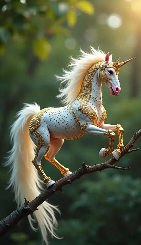 A very beautiful colourful 4K Make a cyborg king horse and s out of gold, white and spitting fire and you see ice around it which is chirping and speaking, its feathers are studded with diamonds and pearls. On its head is a crown of gold, silver and diamon...