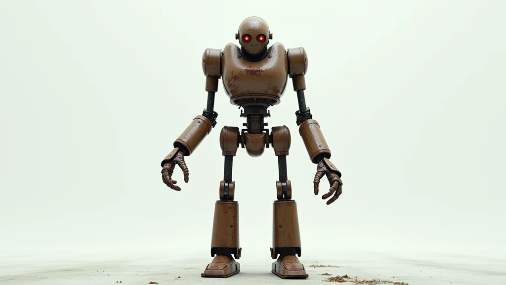 sad dystopian android robot, full body shot, arms stretched out to side. facing directly at camera. against a white background, red eye. hydraulics.brown rusty metal body. hyper realism.cinematic