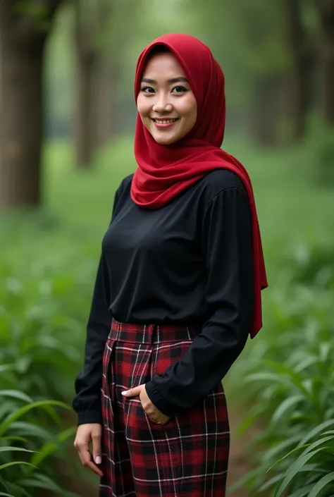 a beautiful indonesian woman 30 years old wears a red hijab wears a black long sleeve tshirt wears long tartan pants in black ash, stand, green grass forest background, color tones  