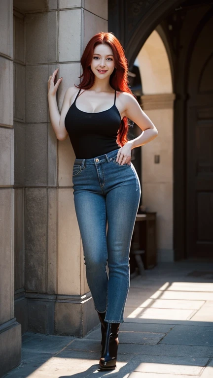 masterpiece. a 35 year old woman, Beautiful face, fleshy mouth, nose standing and thin , smiling at the camera, slanted eyes,  arched eyebrows ,  very big breasts, Very pale white skin, Red colored hair, light brown eyes, sexy body,  dressed in black muscl...